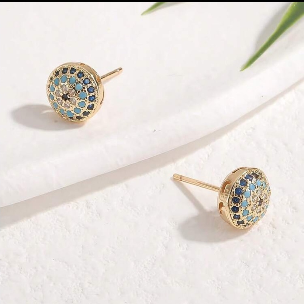 Gold Tone Blue Pave Disc Stud Earrings